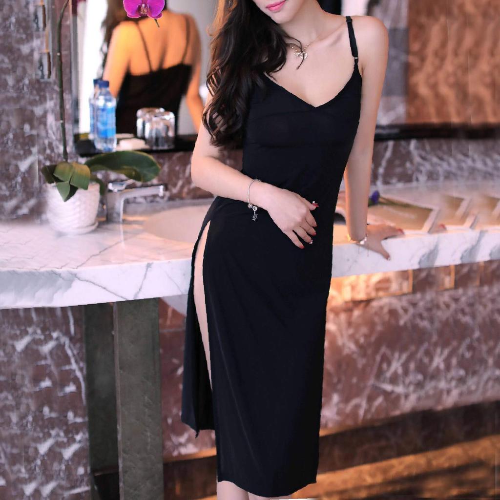 Sexy Babydoll Long Lingerie Dress Slip Sheer Lingerie Seductive Side Slit Beautiful Line [Synlala] See-through Semi-Long Semi-Long S-shaped