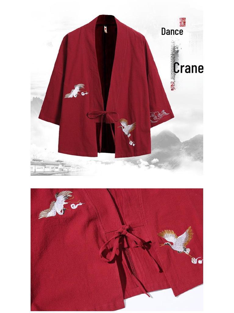 Хлопково-льняной кардиган-кимоно с вышивкой «Журавль»: Перьевое одеяние в китайском и японском стиле ханьфу, защищающее от солнца