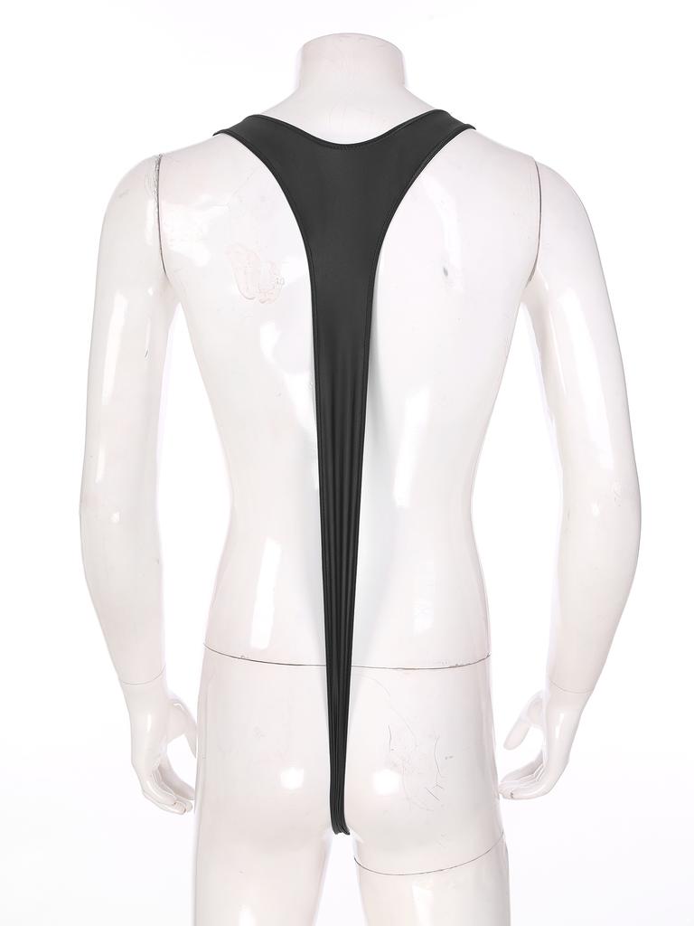 Mens Swimsuit Bodysuit M-XL Glossy Finish - Thong Mankini with Bulge Pouch & V-Shaped Suspenders
