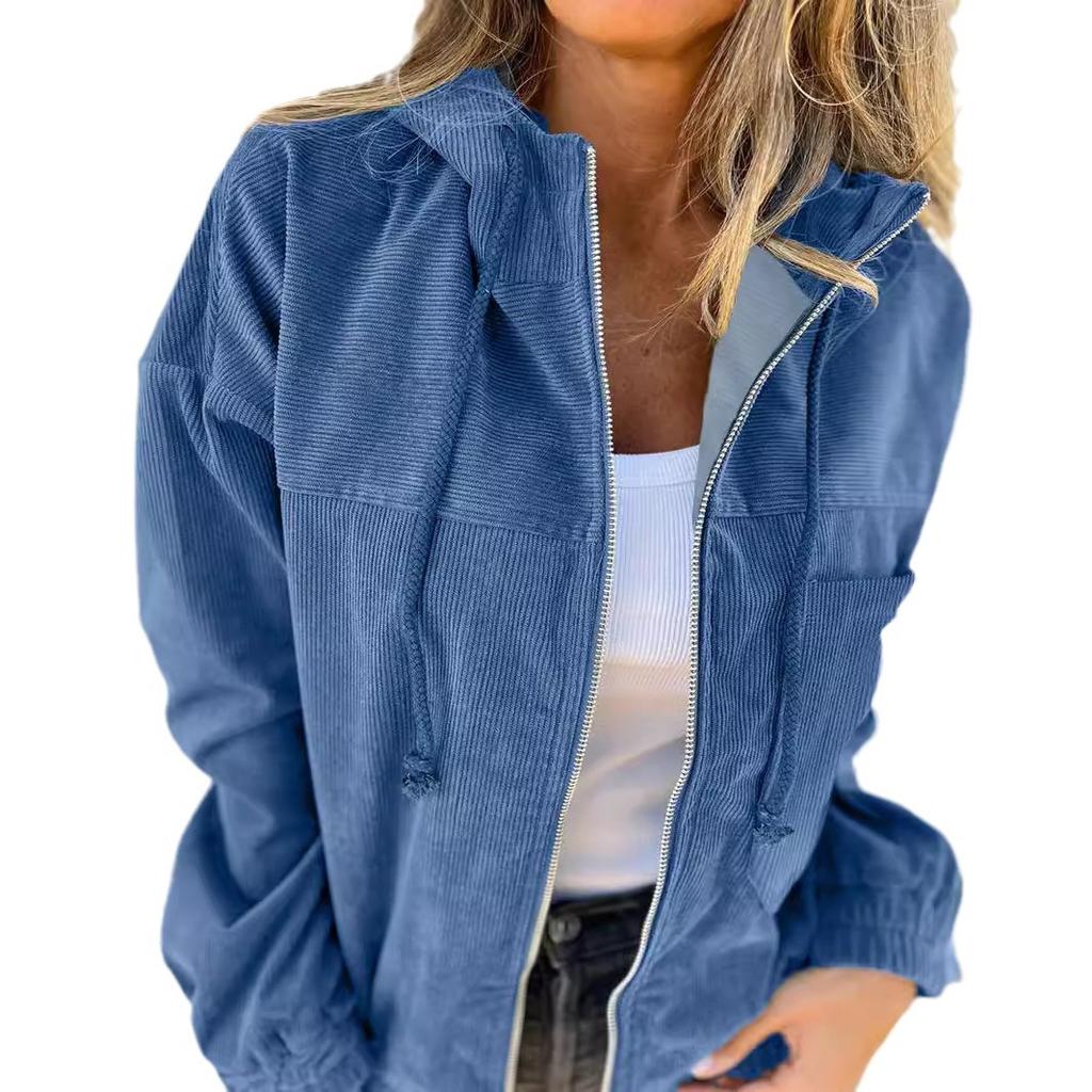 Autumn Ribbed Corduroy Jacket Women Casual Zipper Design Hooded Sweatshirt Coat Women Long Sleeve Outerwear Cardigan