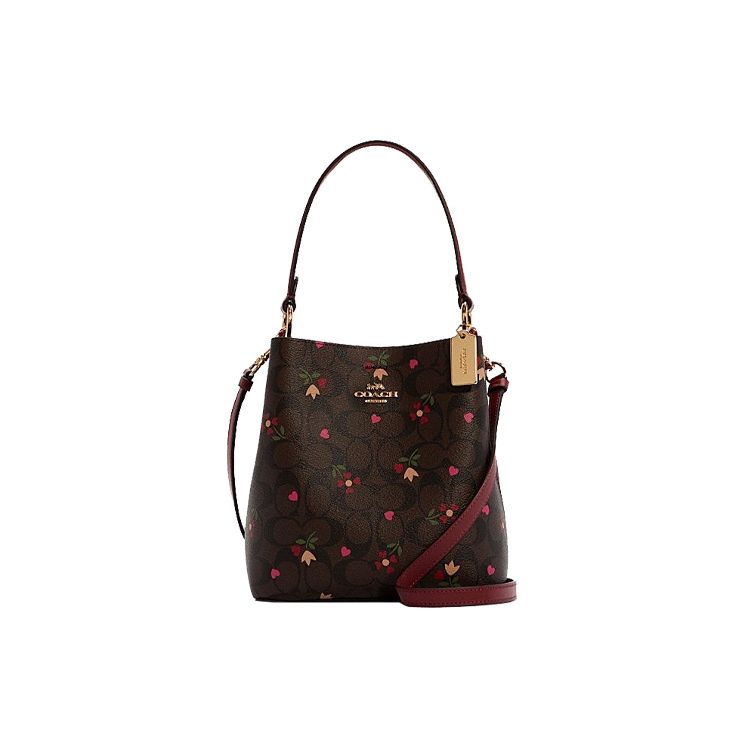 Coach Town 22 Classic Monogram Heart Floral Print Canvas And Leather Bucket Bag Women Handbags Brown Burgundy C7975-IMBMC