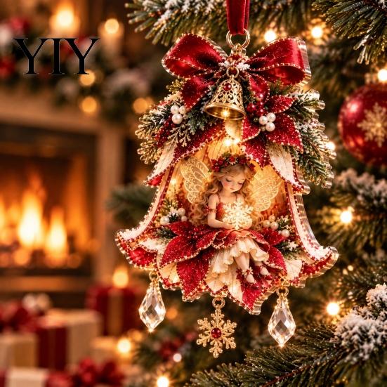 Stunning Fairy Tale Hanging Decor Bell Christmas Ornament, 2D Flat Flower Elegant Ornaments for Stores Decoration, Acrylic Xmas Tree Pendant