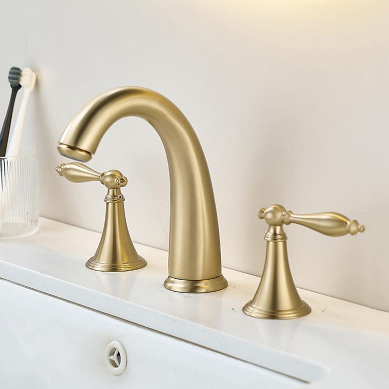 Смеситель для раковины Brush Gold, латунный смеситель для ванной комнаты, черный, широко расставленный, смесители для раковины с 3 отверстиями, водопадный кран, водопроводный кран