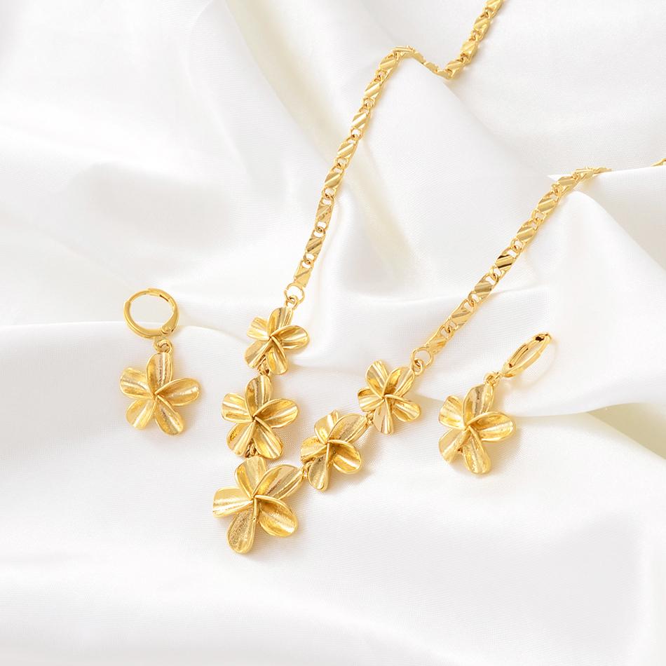 Hawaiian Flower Necklaces Earrings Sets Gold Plated Copper for Parties Weddings Guam Micronesia Marshall Jewelry for Women Girls