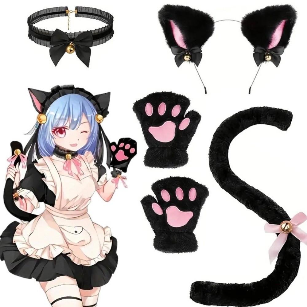 Lolita Cosplay Headwear Bow Halloween Dress Up Funny Cat Ears Headband Set Women