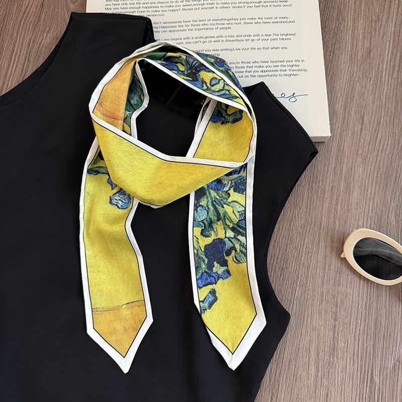 Silk Scarf Long Strip High Sense Spring and Summer Versatile Oil Painting Headscarf Headband Tied Bag Streamer Decorative Scarf Multi-purpose Belt