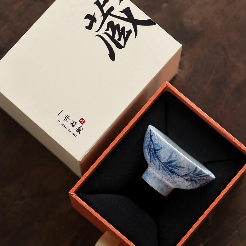Pure hand-painted ink-dyed green bamboo gathering wealth cup single cup master cup gift box gift kung fu tea set tea drinking cup