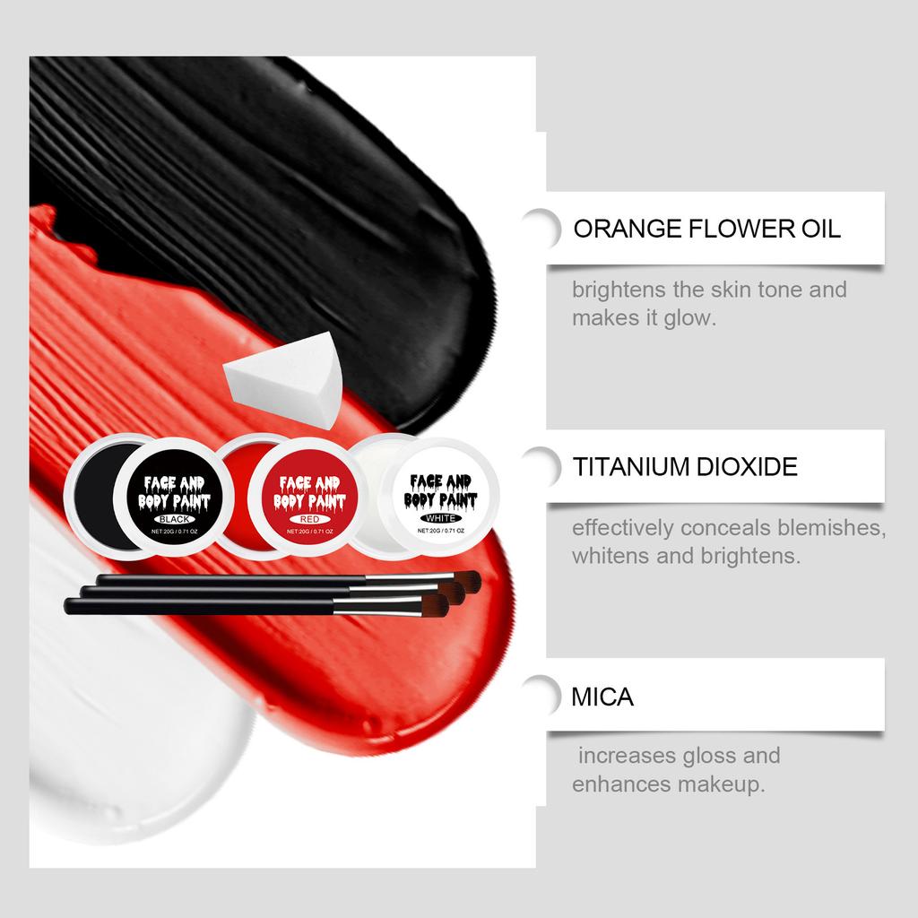 7 наборов черно-бело-красной краски для лица, 3 цвета, набор для макияжа клоуна с губкой и кисточкой, краска для лица и тела для косплея на Хэллоуин, специальный эффект макияжа