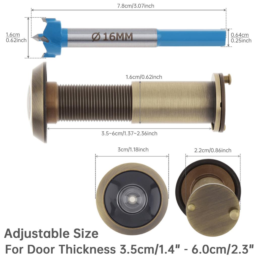 Solid Brass 16mm Door Peephole 200 Degree HD Lens Privacy Cover Heavy Duty Includes Drill Bit Universal 35-60mm Solid Wood Door