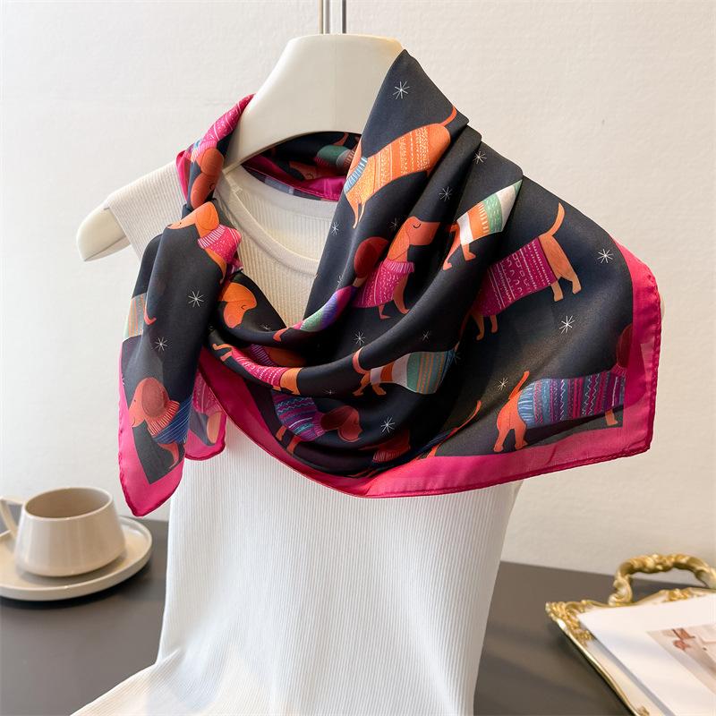 Luxury 70x70cm Square Silk Scarf for Women Cute Dachshund Pattern Shawls Wrap Fashion Accessory Hair Tie Bandana Hijab Caps