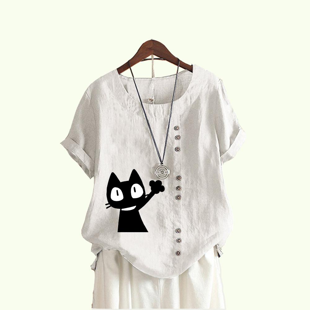 Женская мода блузка с коротким рукавом с принтом кошки, летняя повседневная пуловер с круглым воротником, свободная хлопковая льняная футболка