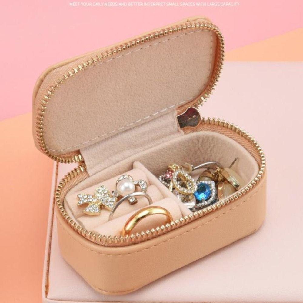 Zipper Mini Portable Jewelry Box Vintage Earring Organizer Lightweight Necklace Ring Case Women