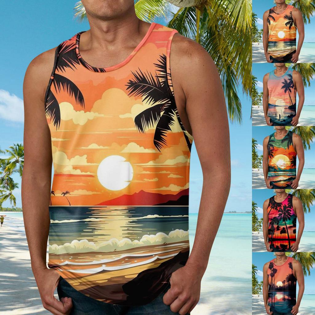 Hawaiian Tanks For Men Casual Fashion Sleeveless Summer Beach Printed Round Neck Tank Top
