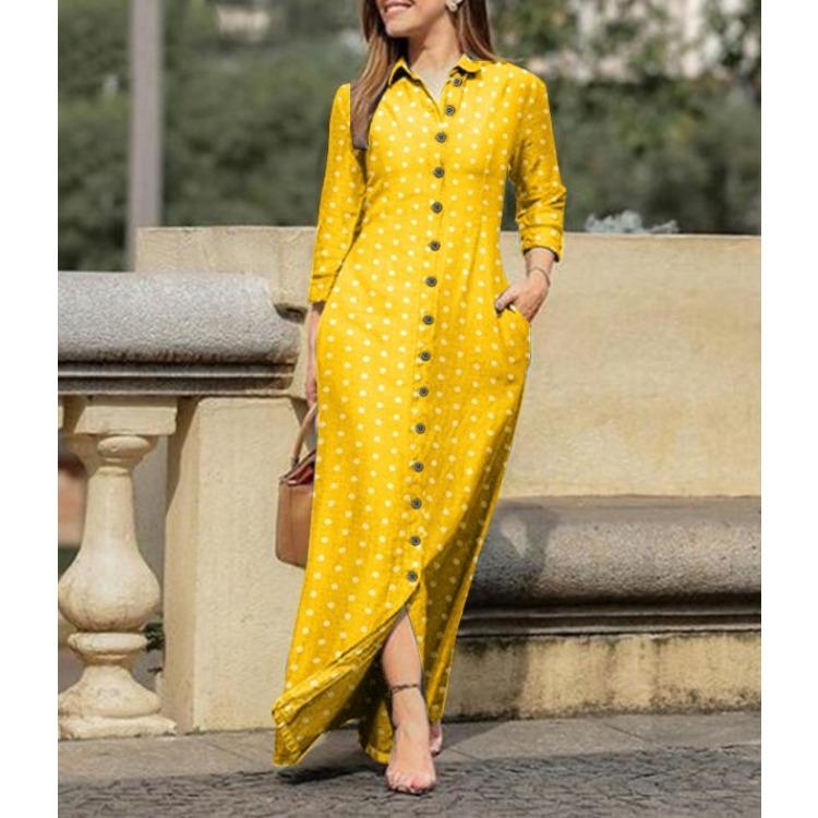 GMXIA Женская мода лето весна сплошной цвет печати с длинным рукавом ПОЛО шеи свободные повседневные платья на пуговицах