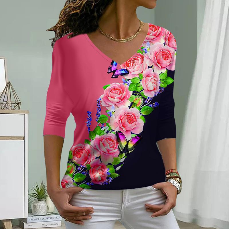 Flowers and Birds Print Women Tshirts Ladies Tops Long Sleeve V-neck Pullover Femme T-shirts T Shirt For Women