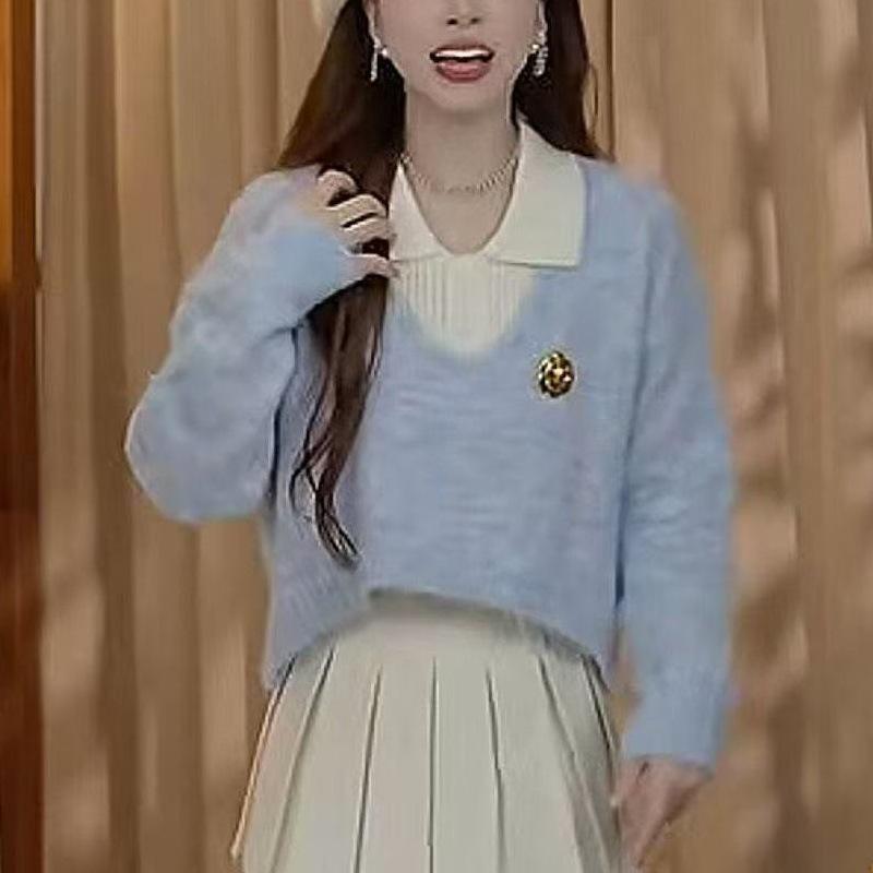 Versatile Sweet Sweater Two-Piece Set: Short Slimming Knitted Top for Autumn/Winter