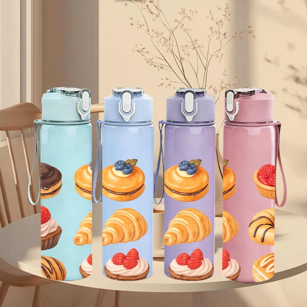 1PC Assorted Pastry Dessert Art 750ml Color Plastic Sports Water Bottle Leakproof Flip Straw Lid Suitable for Sports Office Home Use