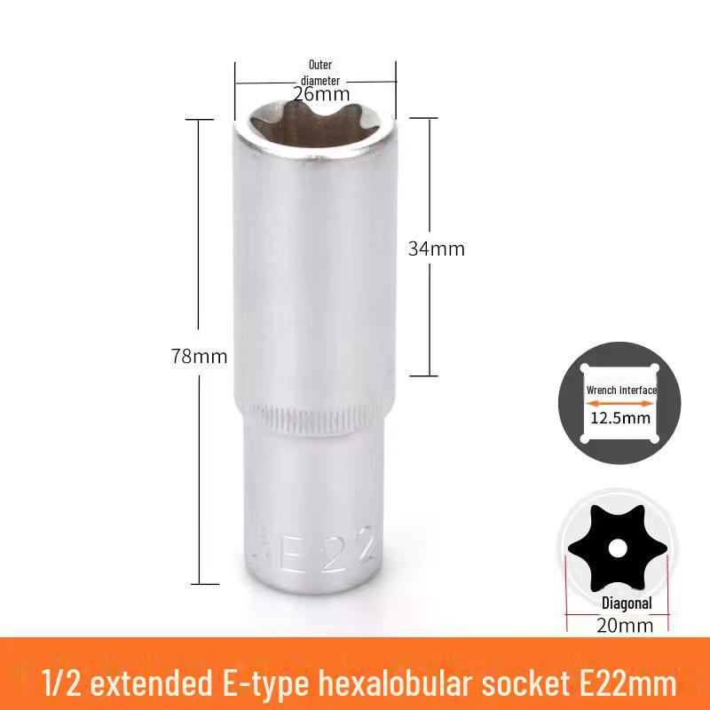 Metric 6-Point Flower-Shaped E-Type Socket Set: 1/2 Large, 3/8 Medium, 1/4 Small, Star Type.