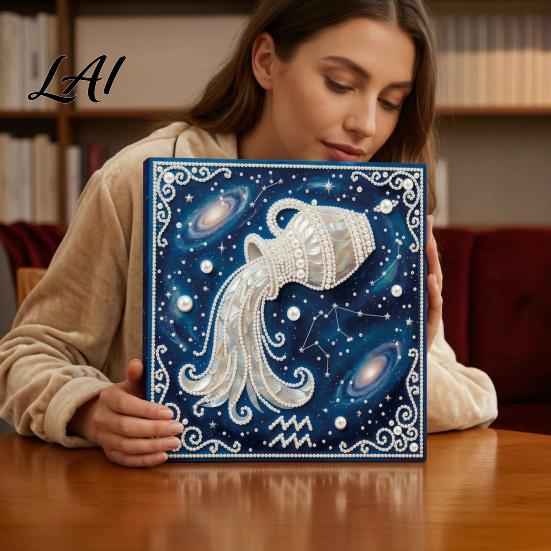 Handmade Faux Pearl Painting Kit DIY Kit 12 Zodiac Signs Rhinestone Art Set for with Wooden Frame Adults Beginners Fake Wall Decoration