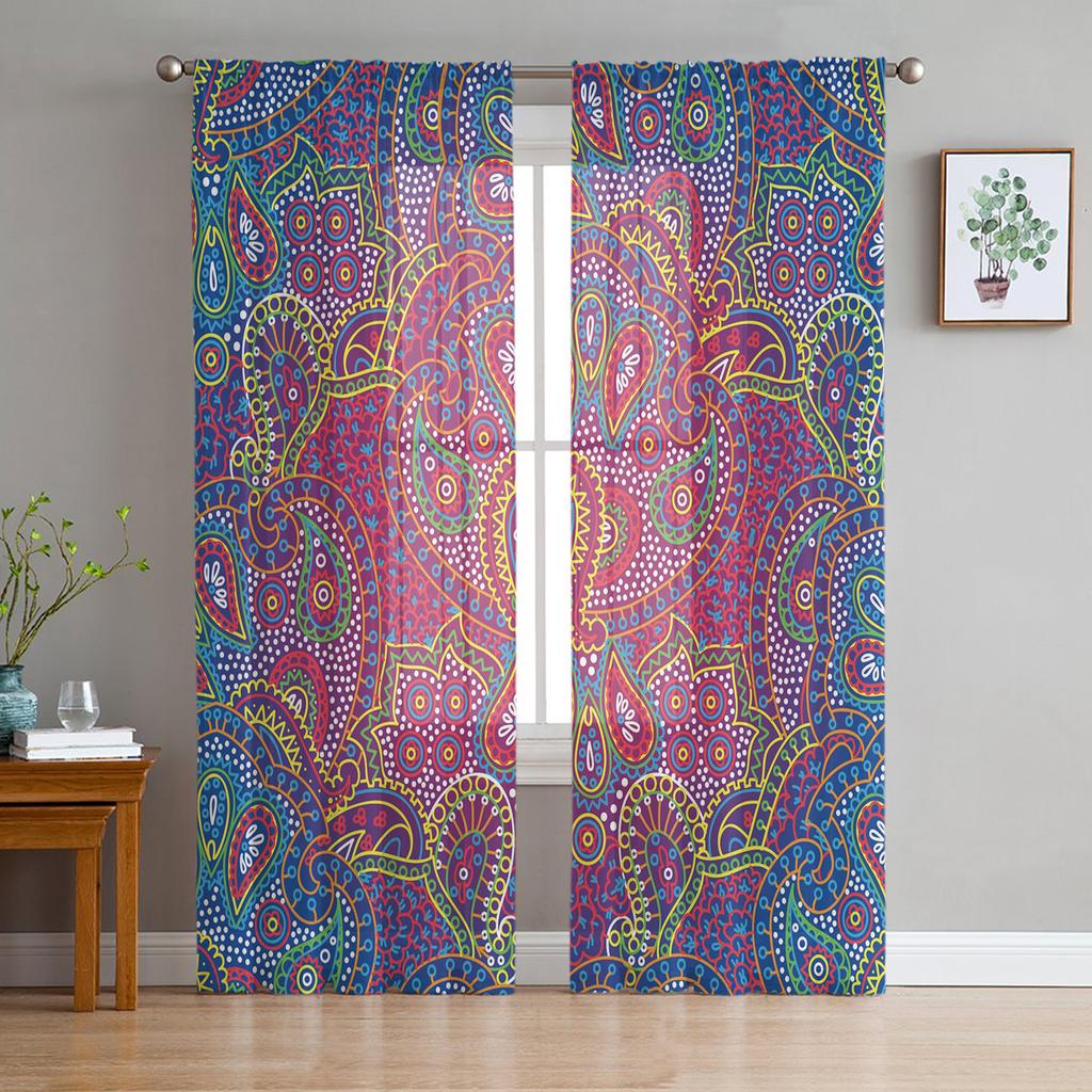 Indian Boho Paisley Texture Chiffon Sheer Curtains for Living Room Bedroom Home Decoration Window Voiles Tulle Drapes Curtain