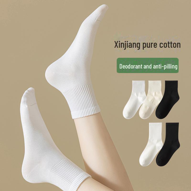 Женские антибактериальные хлопковые носки Zhuji — весна/осень, черные/белые, до середины икры, бесшовные, дезодорирующие, хлопок Синьцзян.