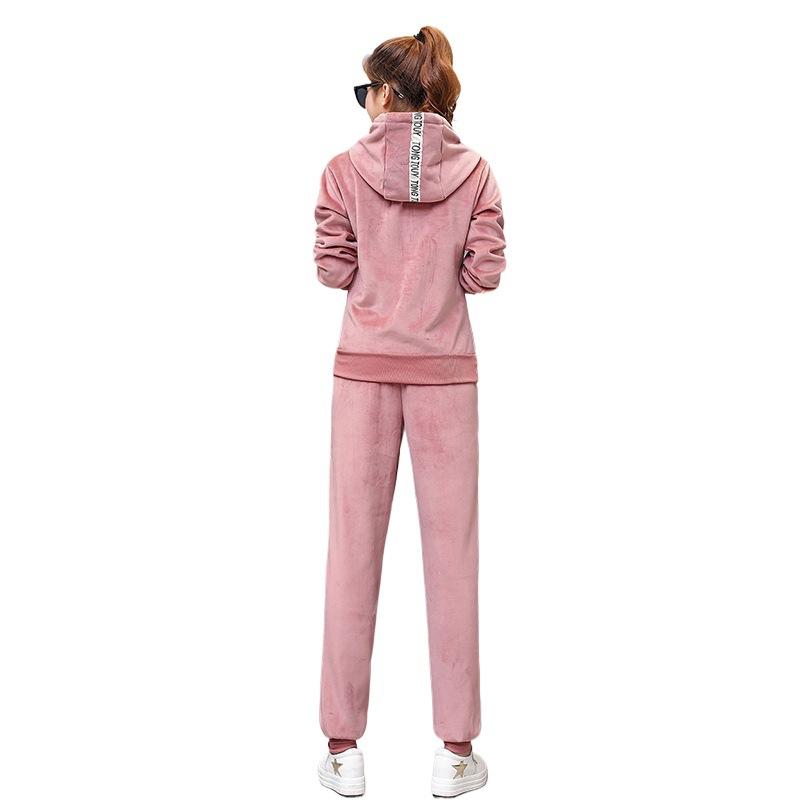 Золотой бархатный костюм для женщин, модная осенне-зимняя спортивная одежда, плюс бархатный толстый свитер, повседневный женский костюм из двух частей