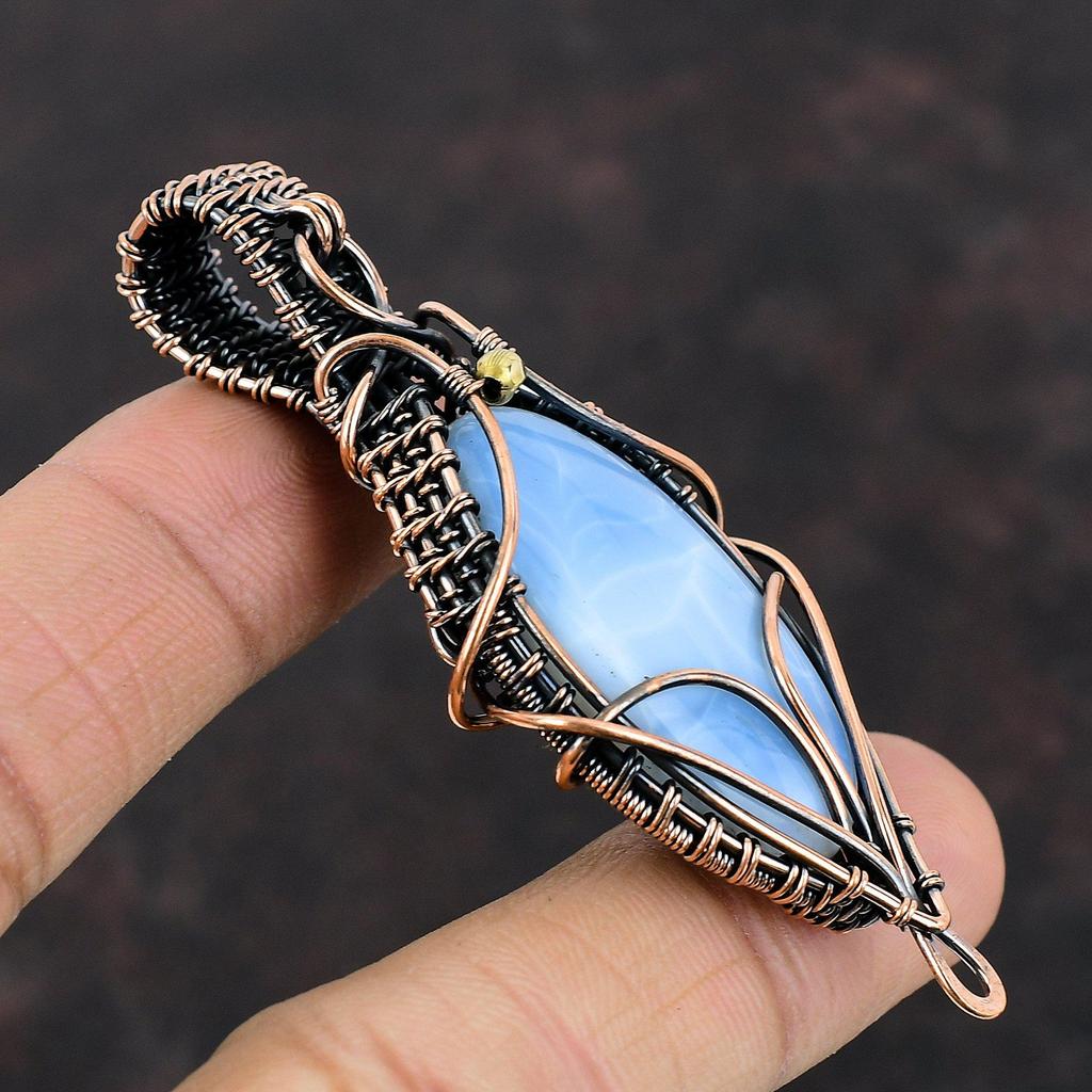 Кулон с Овайхи Голубым Опалом, Кулон, обернутый медной проволокой, Драгоценный камень, Ювелирное изделие ручной работы, Подарок для женщин, Кулон новейшего дизайна, Красивое медное украшение