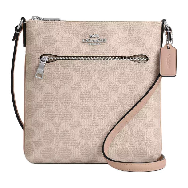 COACH Rowan 21 Metal Logo Zip Closure Coated Canvas Shoulder Crossbody Bag Small Women's Sand + Silver + Taupe