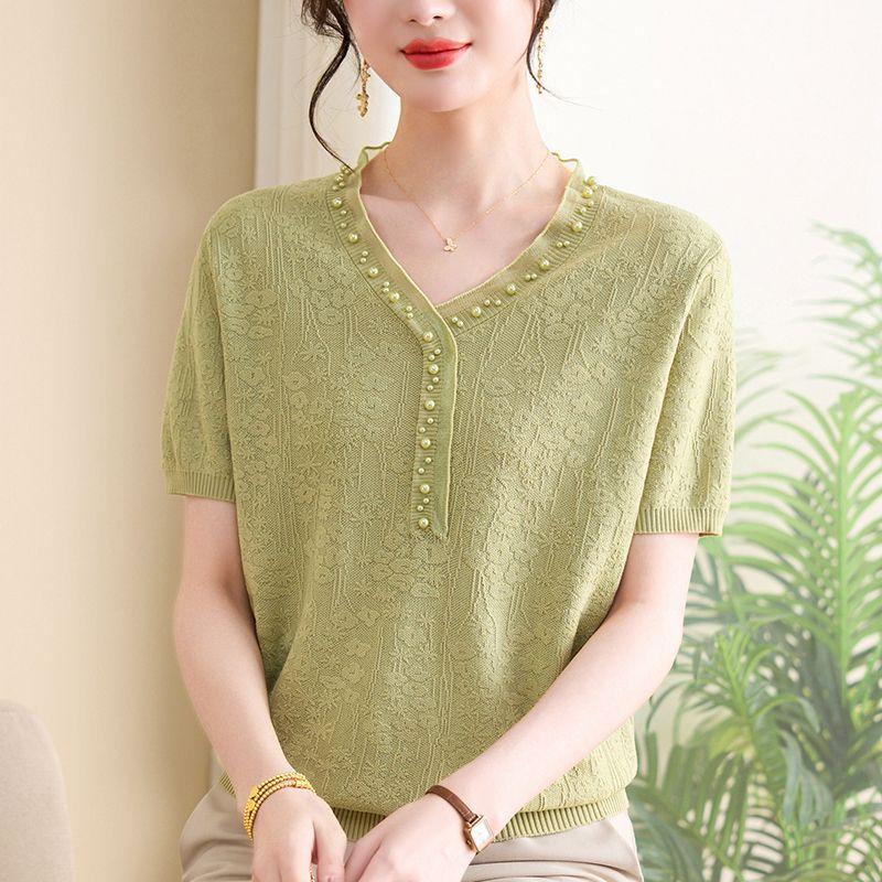 Свободная трикотажная футболка из ледяного шелка для женщин, летний дизайн, стильный новый тонкий фасон, короткий рукав.