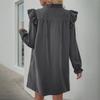 Temperament and Elegance Outer Wear Solid Color Ruffle Long Sleeve Loose Standing Collar Dress for Women
