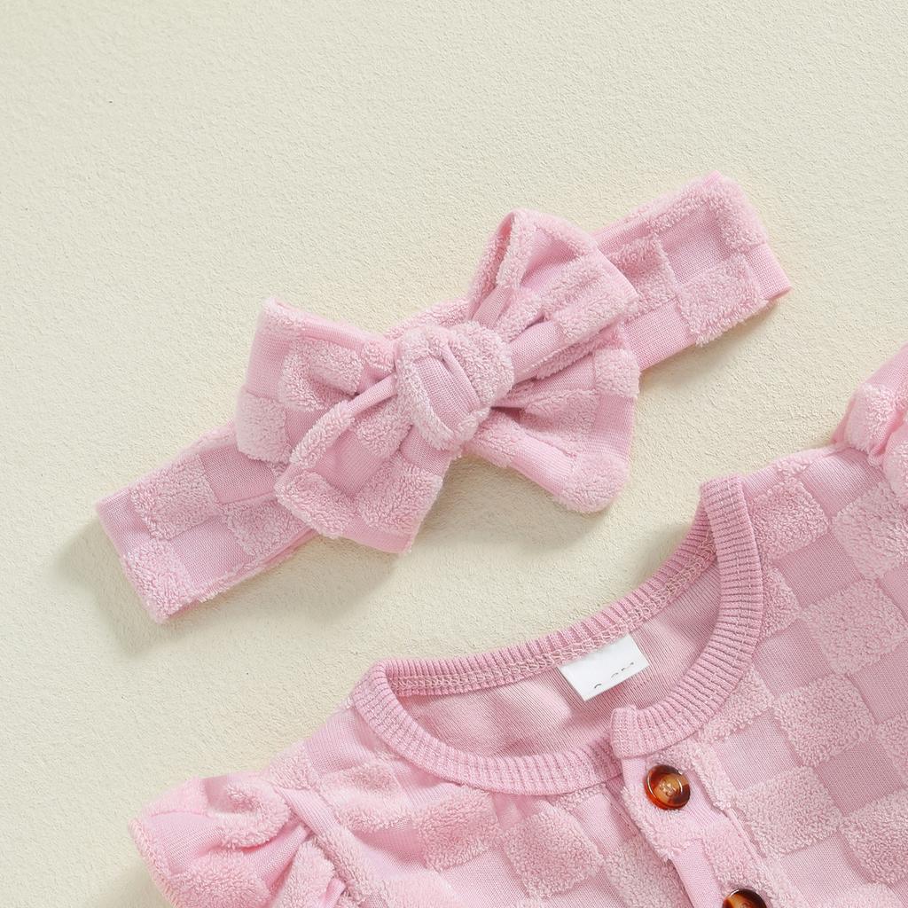 3-Piece Baby Girls Set Checkered Button Long Sleeve Round Neck Ruffled Romper Bow Long Pants Hair Band Outfits