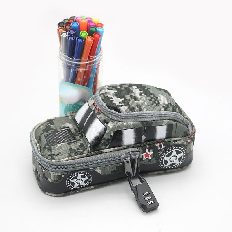 1 Vehicle Pen Pouch Bag with Combination Lock for Boys Double Zipper Camouflage Canvas Pencil Box