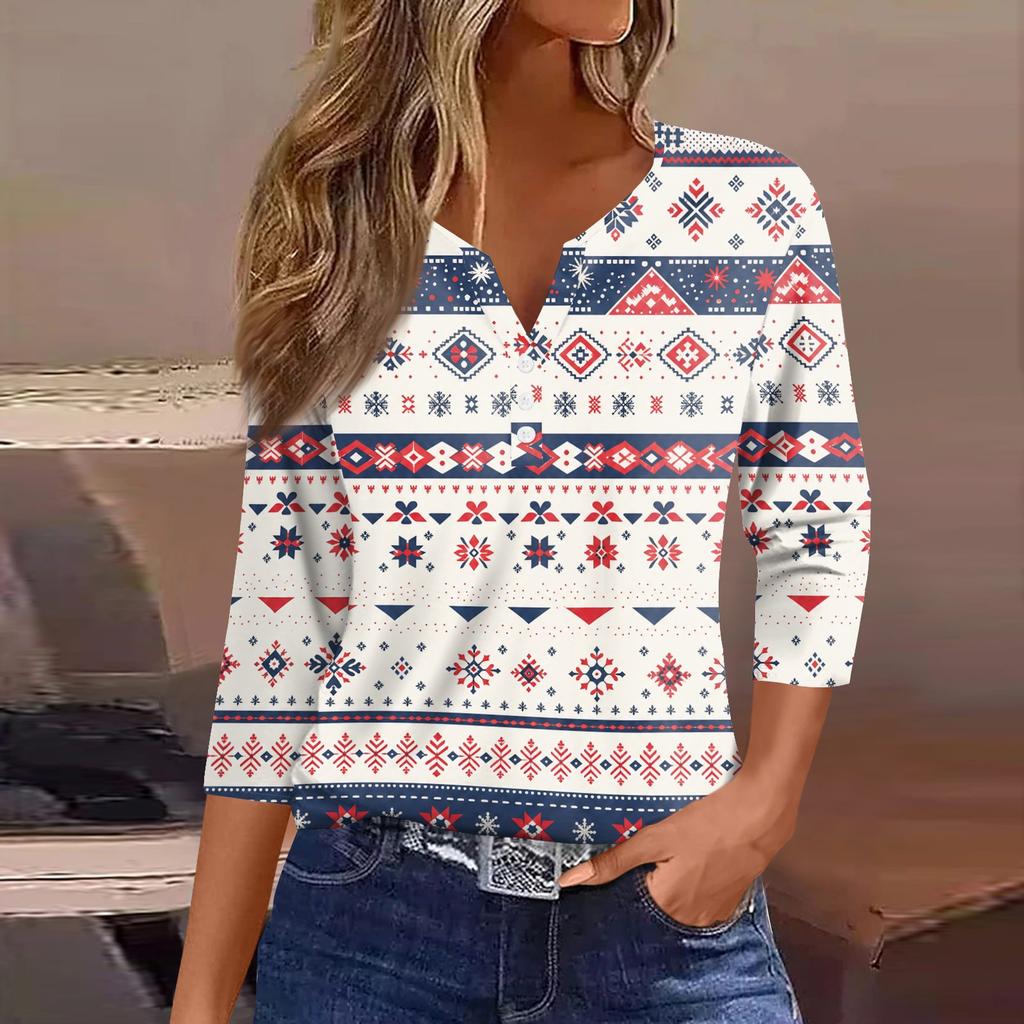 Женская повседневная футболка с рождественским принтом, V-образным вырезом, рукавом 3/4 и пуговицами