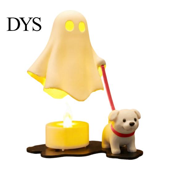 Creative Halloween Table Centerpiece Ghost Walking Dog Figurine, Cute Spooky Statue with Whimsical Room Accessories LED Candle, 3D Printed Tabletop