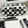 1 Pc Fashion Student Pencil Case Classic Checkboard Stationery Pencil Bag Black White Color High Capacity Scrapbook Storage Bag