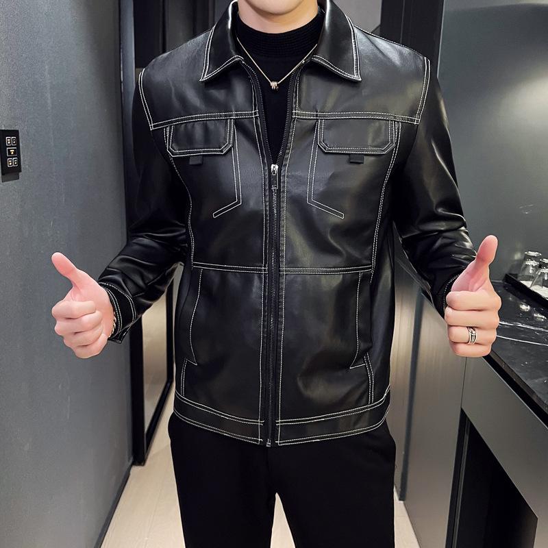 Зимняя эластичная тонкая мужская мотоциклетная куртка из искусственной кожи в стиле ретро с объемными карманами и металлическими пуговицами, мягкая кожаная куртка в рабочем стиле