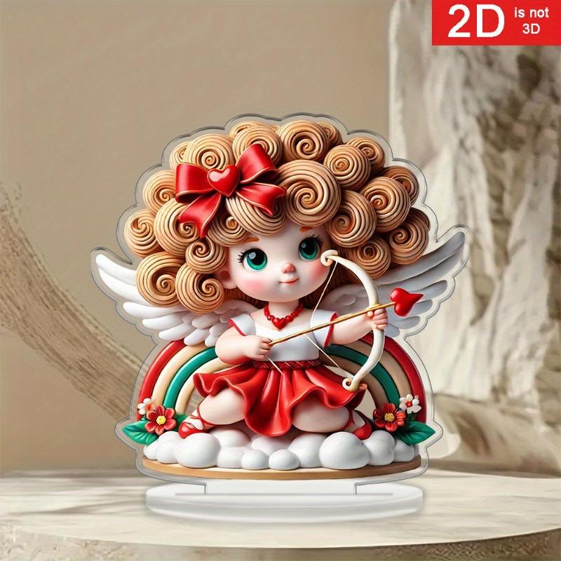 2D Flat Bohemian Grids Heart-Shaped Wings Angel Statue and Cupid's Arrow Acrylic Desk Decor Plaque, Suitable for wall decoration, porch, room, villa,