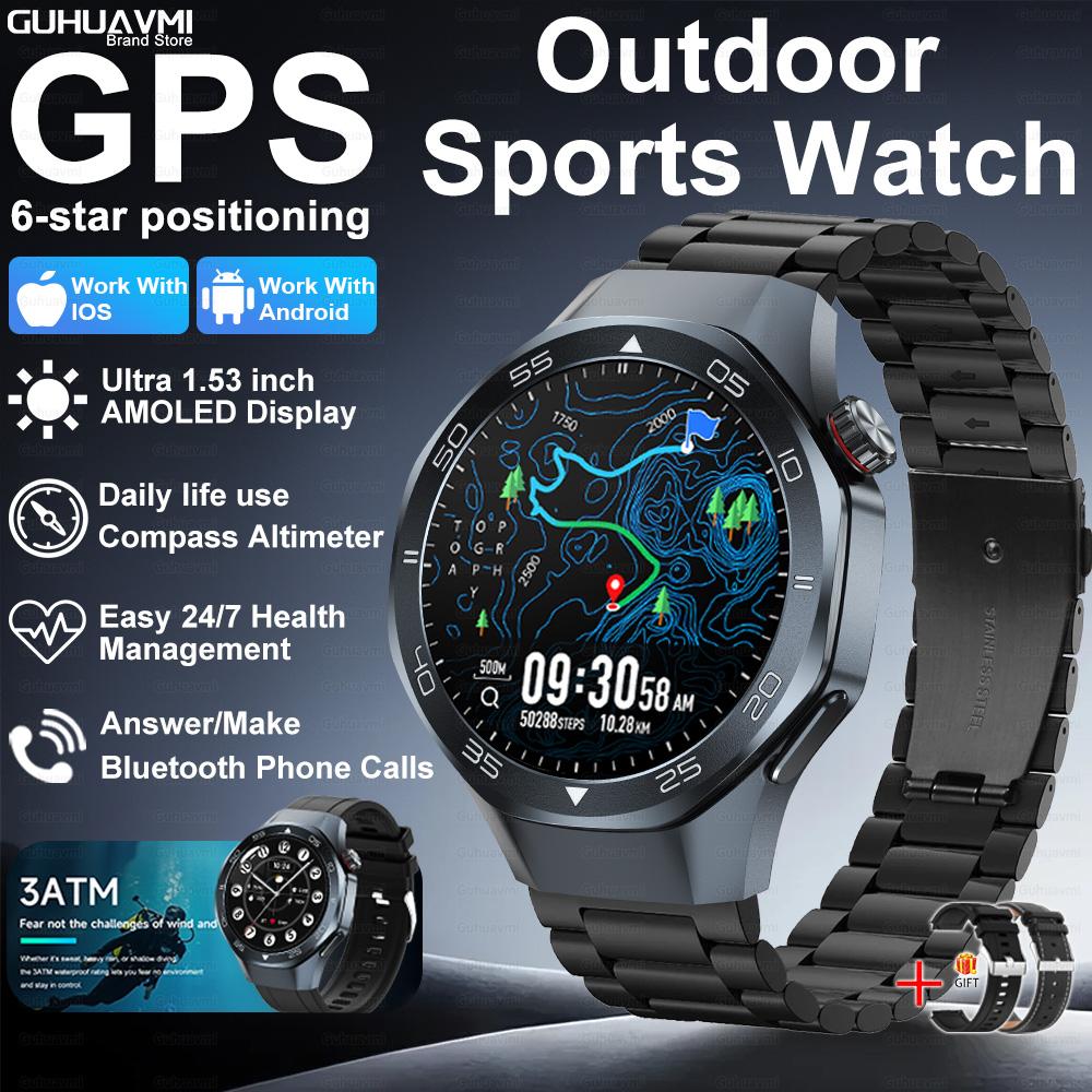 Новые умные часы с GPS-позиционированием для мужчин, 1,53-дюймовый AMOLED HD-экран, компас, датчик сердечного ритма, водонепроницаемость 3ATM, звонки, спортивные, деловые умные часы