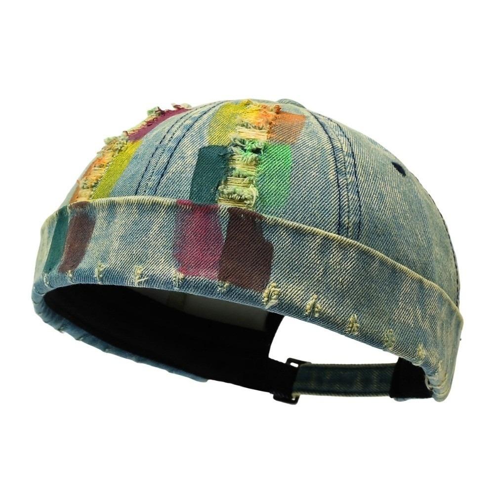 Adjustable Melon Skin Cap Distressed Denim Beanie Fashion Docker Cap Women