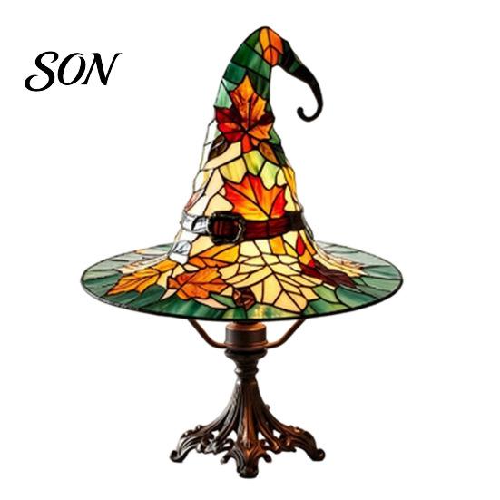 Handcrafted Resin Desk Accessory Retro Witch Hat Lamp, USB Plug-in Night Light, Stained Glass Style Table Unique Halloween Gift for