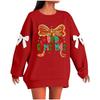 Ladies' Christmas Printed Bow Round Neck Long Sleeved Loose Pullover Sweater Sweatshirt Top
