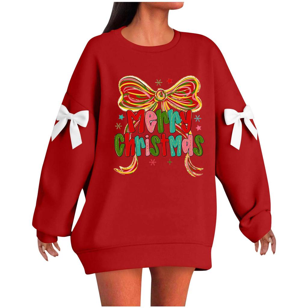 Ladies' Christmas Printed Bow Round Neck Long Sleeved Loose Pullover Sweater Sweatshirt Top