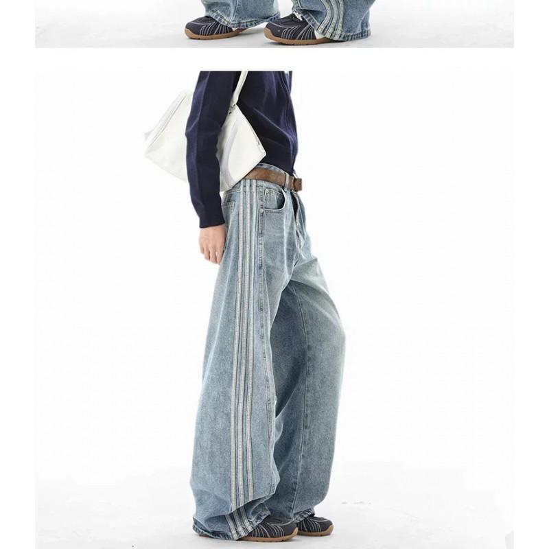 American Washed Side Stripe Jeans Men Women Loose Wide Leg Casual Pants