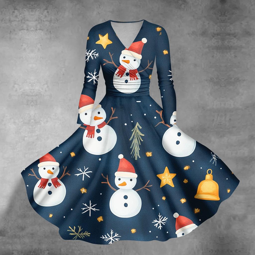 Women's Casual Fashion Christmas Printed Long Sleeve V-Neck Sexy Pocket Dresses