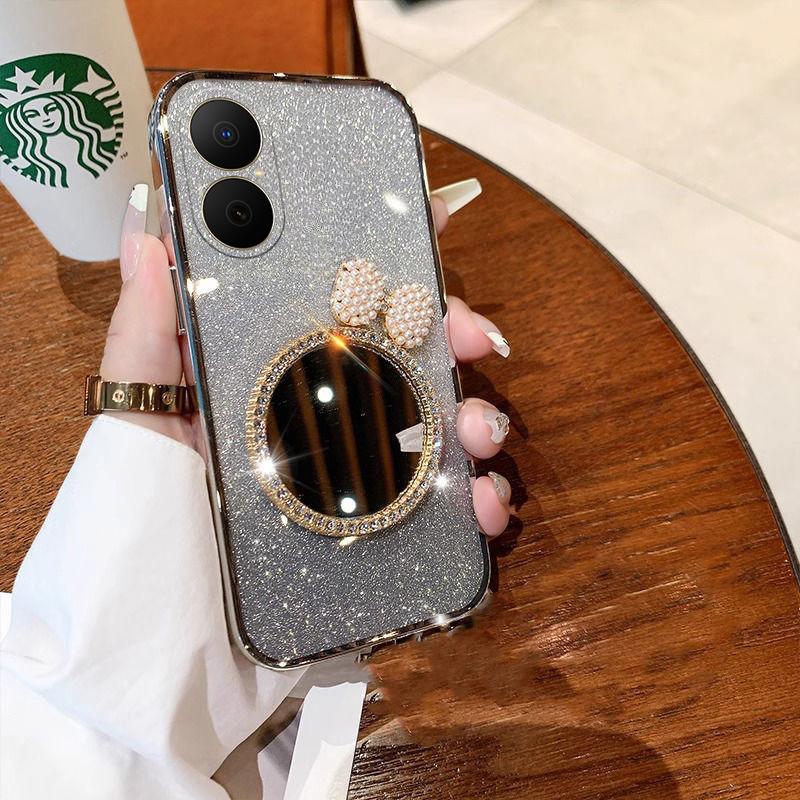 For Huawei Nova Y73 Case with Bow Makeup Mirror Luxury Shiny Gradient Clear Plating Glitter Girls Slim for Huawei Nova Y73 Back Cover