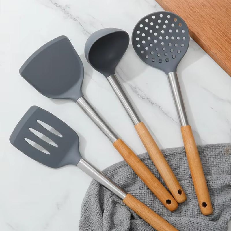 4 шт. силиконовая посуда для приготовления пищи, набор из нержавеющей стали, кастрюля с антипригарным покрытием, протекающая ложка, лопатки, суповые ложки с деревянной ручкой, кухонные принадлежности