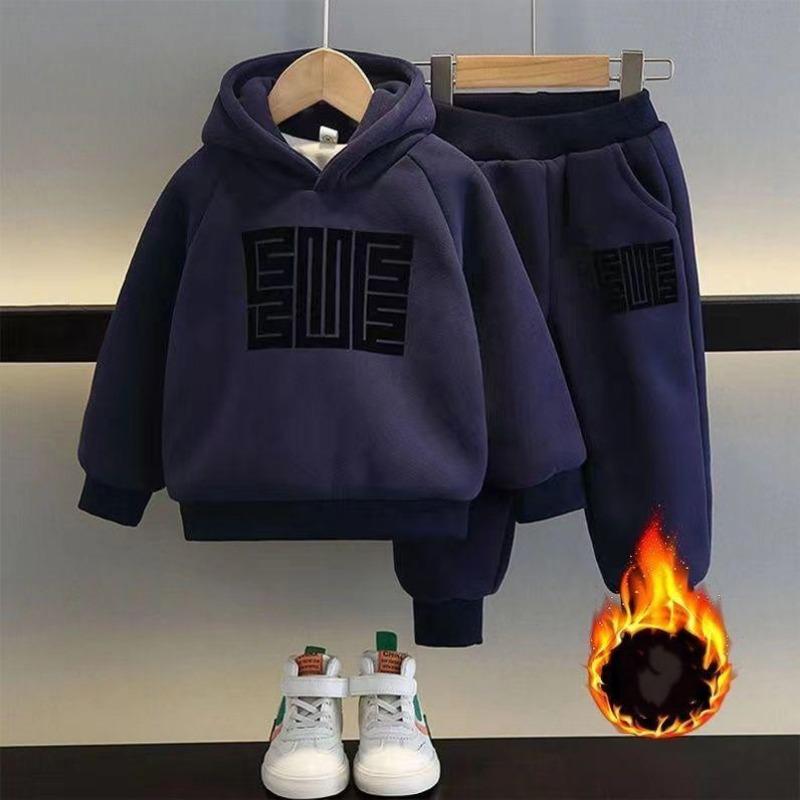 Детский зимний плюс бархатный теплый пуловер брюки комплект из двух предметов для мальчиков и девочек хлопковые толстовки спортивная повседневная одежда костюм