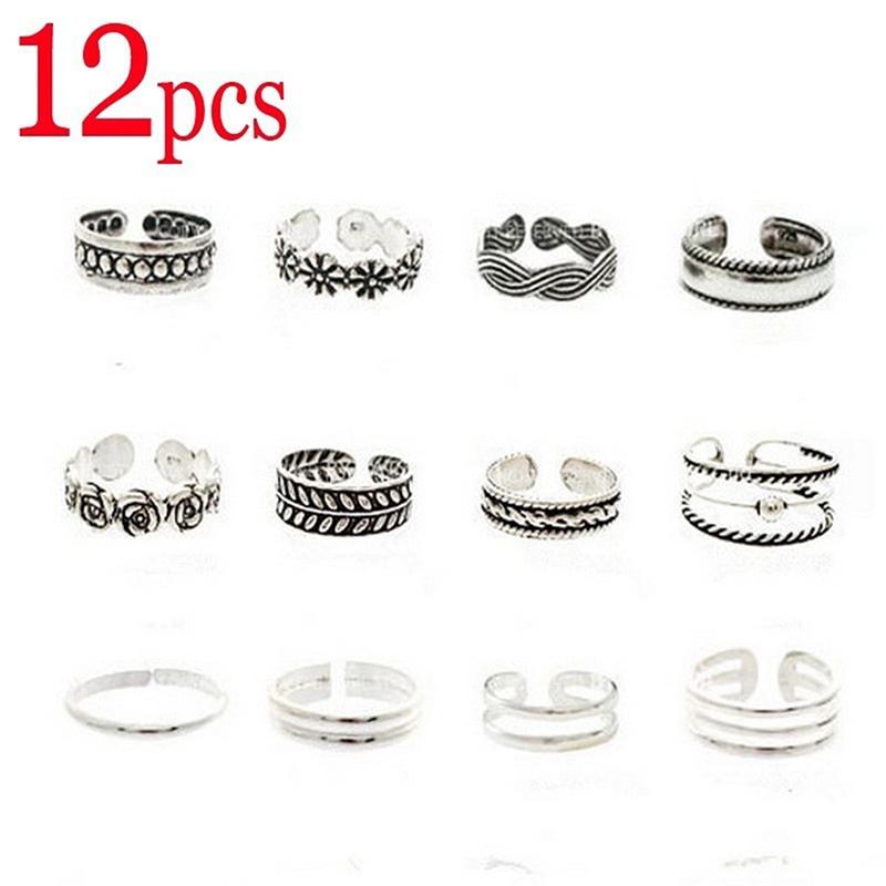 12Pcs/Set Carved Silver Adjustable Toe Rings Set Sexy Charm Open Foot Finger Ring Jewelry Accessories Gift