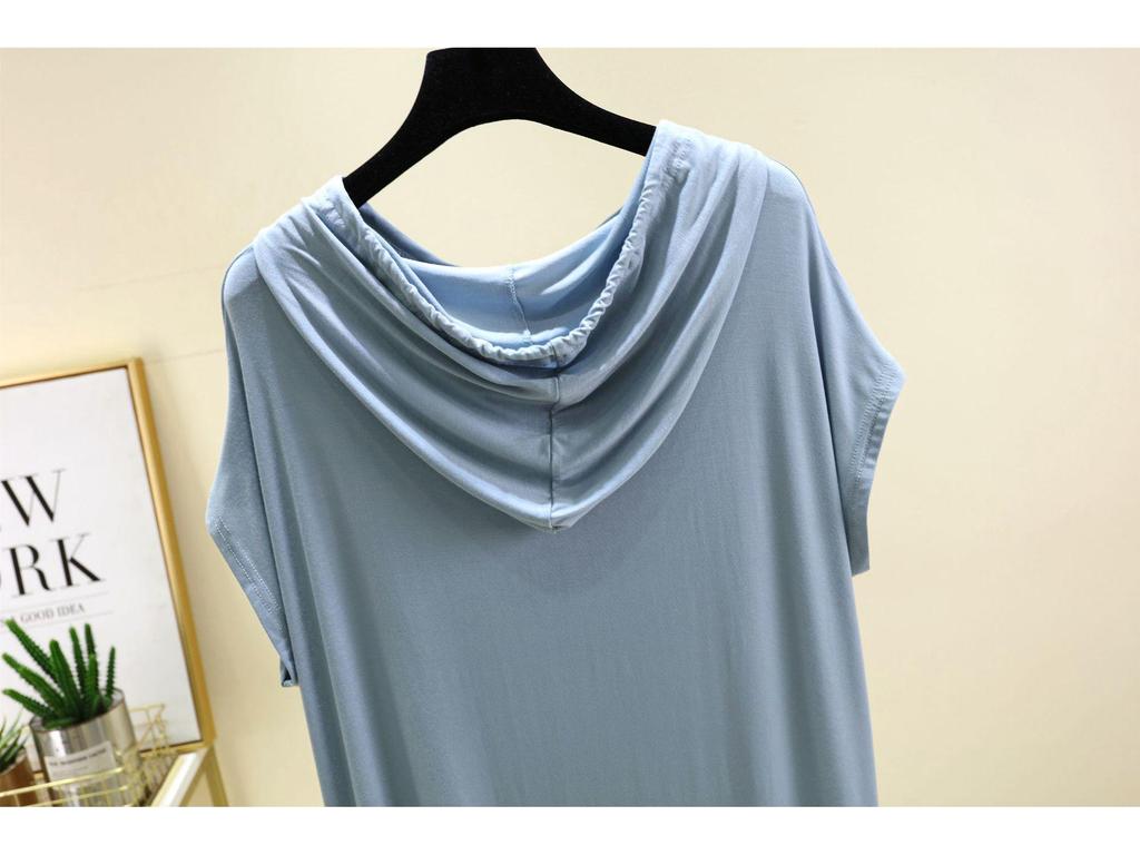 Женская футболка с капюшоном из модала с коротким рукавом для защиты от солнца - Весна/Лето, Большой размер, Слим-фит, Повседневный свободный крой