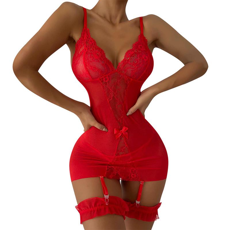 Nice-looking Women's Sexy Lace Underwear Nightgown Nightgown Suit Baby Doll Dress Gown Garter Belt Mesh Opening Sexy Dress Set
